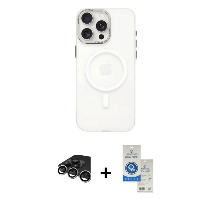 MARSİLYAN™- iPhone 15 Pro Kılıf Eksen Işık Prime - Şeffaf Royal Nano Ekran Koruyucu + Raze Metal Kamera Lens - GS