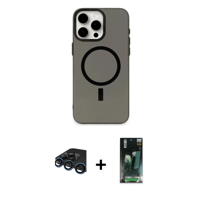 MARSİLYAN™- iPhone 15 Pro Kılıf Eksen Işık Prime - Siyah 360 Mat Full Body Arka Koruyucu + Raze Metal Kamera Lens - LT