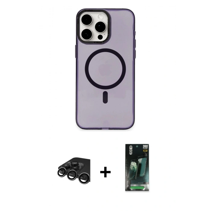 MARSİLYAN™- iPhone 15 Pro Kılıf Eksen Işık Prime - Siyah 360 Mat Full Body Arka Koruyucu + Raze Metal Kamera Lens - TMGI