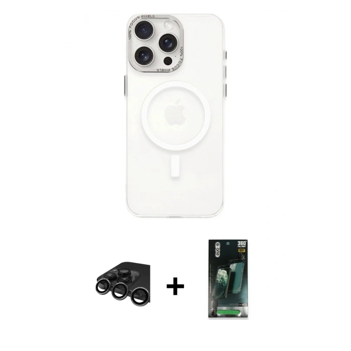 MARSİLYAN™- iPhone 15 Pro Kılıf Eksen Işık Prime - Siyah 360 Mat Full Body Arka Koruyucu + Raze Metal Kamera Lens - TMGI