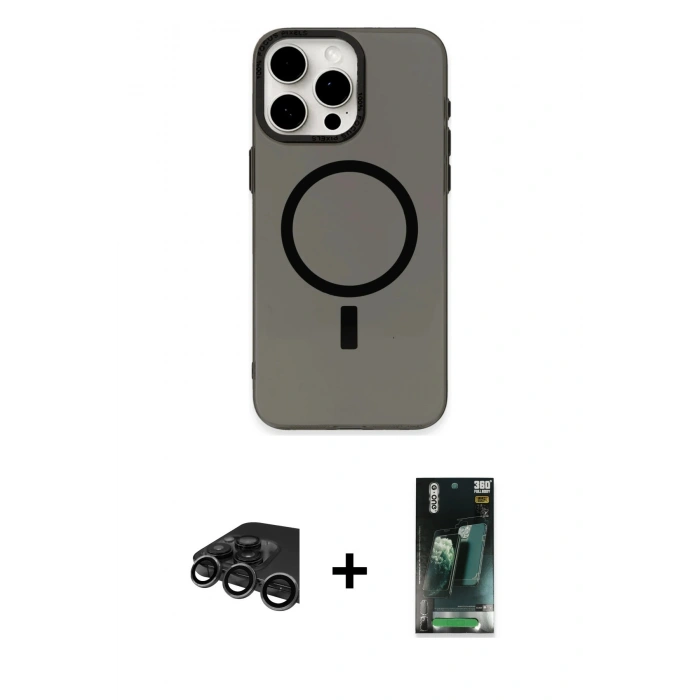 MARSİLYAN™- iPhone 15 Pro Kılıf Eksen Işık Prime - Siyah 360 Mat Full Body Arka Koruyucu + Raze Metal Kamera Lens - TMGI