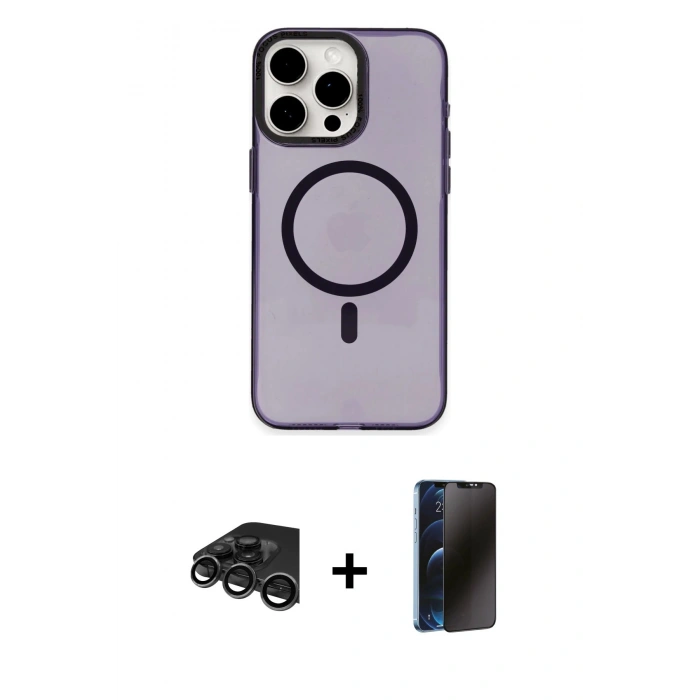 MARSİLYAN™- iPhone 15 Pro Kılıf Eksen Işık Prime - Siyah 3D Antistatik Hayalet Cam Ekran Koruyucu + Raze Metal Kamera Lens - TMGI