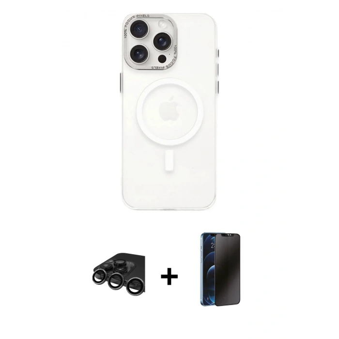 MARSİLYAN™- iPhone 15 Pro Kılıf Eksen Işık Prime - Siyah 3D Antistatik Hayalet Cam Ekran Koruyucu + Raze Metal Kamera Lens - TMGI