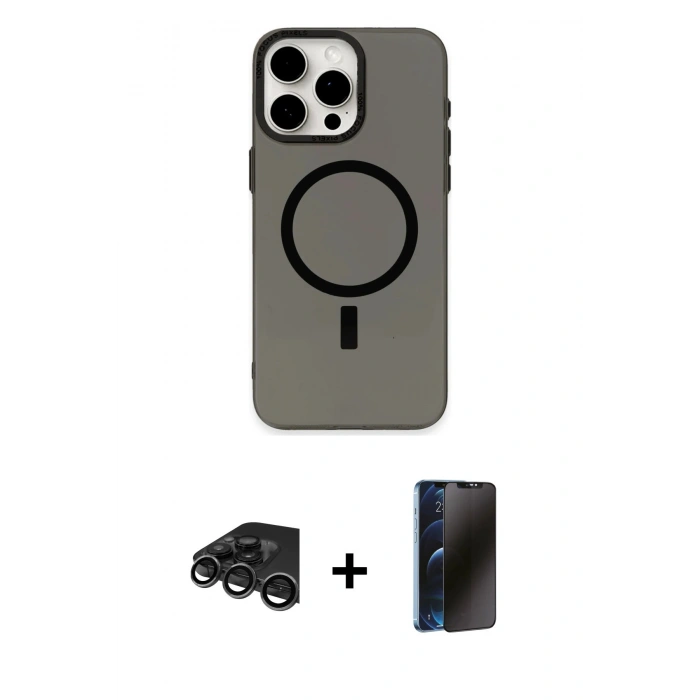 MARSİLYAN™- iPhone 15 Pro Kılıf Eksen Işık Prime - Siyah 3D Antistatik Hayalet Cam Ekran Koruyucu + Raze Metal Kamera Lens - TMGI