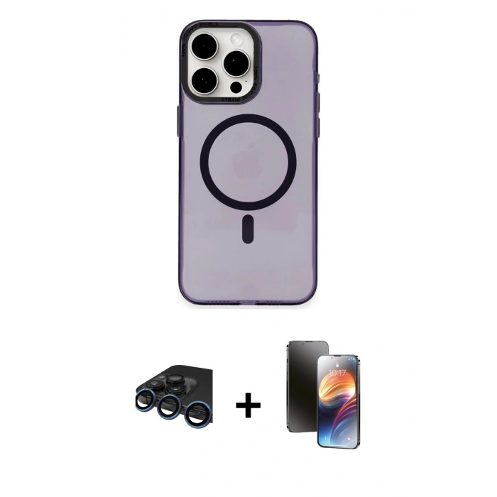 MARSİLYAN™- iPhone 15 Pro Kılıf Eksen Işık Prime - Siyah 3D Antistatik Mat Seramik Nano Ekran Koruyucu + Lacivert Raze Metal Kamera Lens