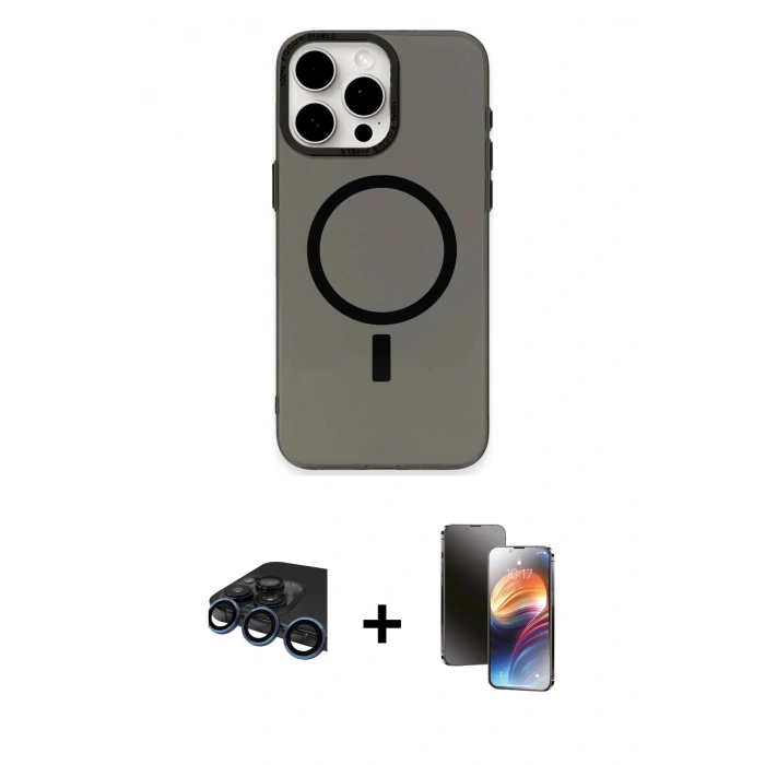 MARSİLYAN™- iPhone 15 Pro Kılıf Eksen Işık Prime - Siyah 3D Antistatik Mat Seramik Nano Ekran Koruyucu + Lacivert Raze Metal Kamera Lens