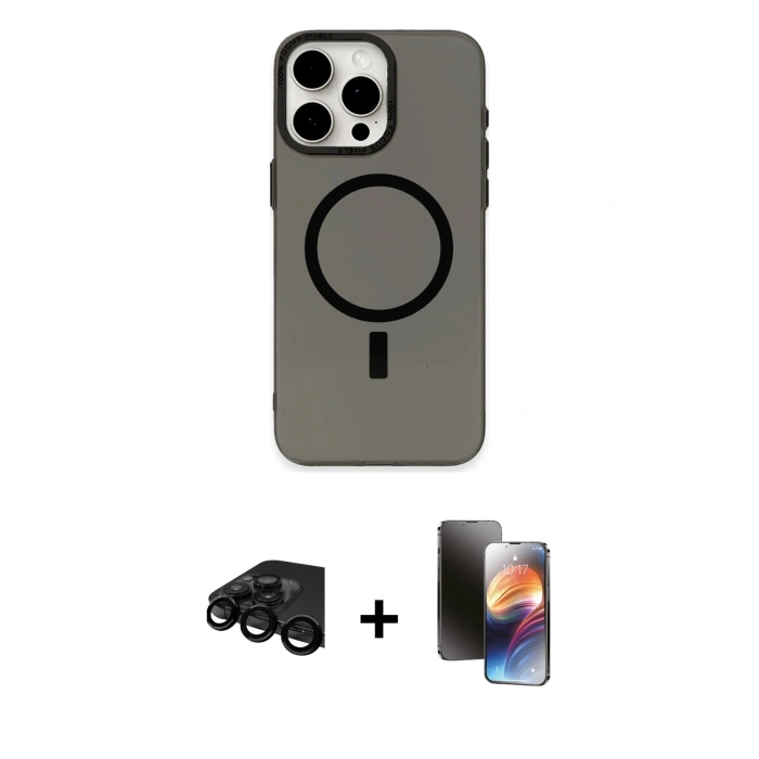 MARSİLYAN™- iPhone 15 Pro Kılıf Eksen Işık Prime - Siyah 3D Antistatik Mat Seramik Nano Ekran Koruyucu + Siyah Raze Metal Kamera Lens