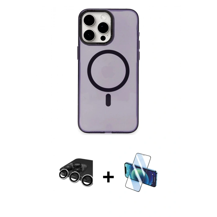 MARSİLYAN™- iPhone 15 Pro Kılıf Eksen Işık Prime - Siyah 3D Antistatik Seramik Nano Ekran Koruyucu + Raze Metal Kamera Lens - GS