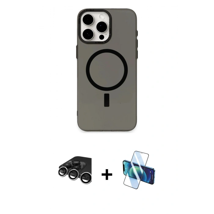 MARSİLYAN™- iPhone 15 Pro Kılıf Eksen Işık Prime - Siyah 3D Antistatik Seramik Nano Ekran Koruyucu + Raze Metal Kamera Lens - GS