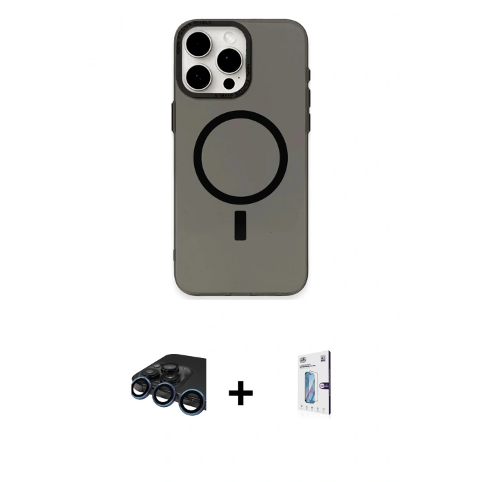 MARSİLYAN™- iPhone 15 Pro Kılıf Eksen Işık Prime - Siyah Bilvis 0.18mm Plus Cam Ekran Koruyucu + Raze Metal Kamera Lens - LT
