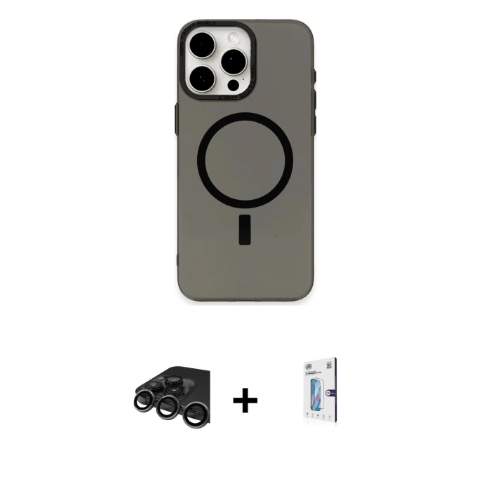 MARSİLYAN™- iPhone 15 Pro Kılıf Eksen Işık Prime - Siyah Bilvis 0.18mm Plus Cam Ekran Koruyucu + Raze Metal Kamera Lens - TMGI
