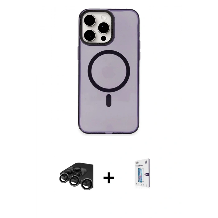 MARSİLYAN™- iPhone 15 Pro Kılıf Eksen Işık Prime - Siyah Bilvis 0.18mm Plus Cam Ekran Koruyucu + Raze Metal Kamera Lens - TMGI