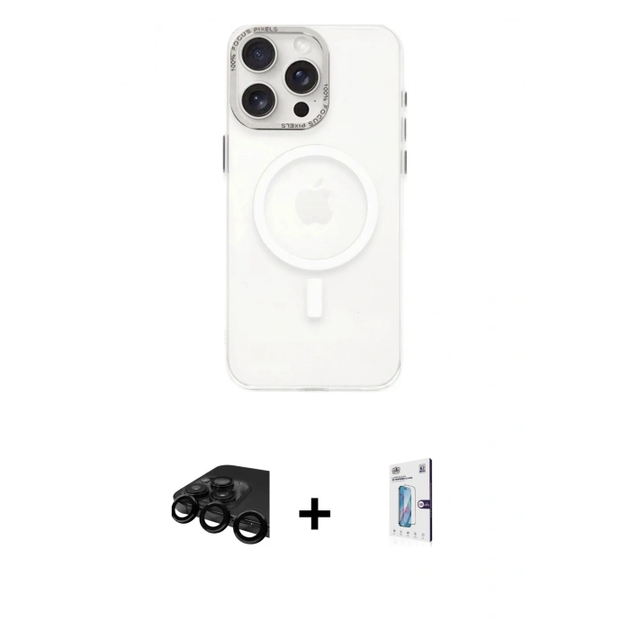 MARSİLYAN™- iPhone 15 Pro Kılıf Eksen Işık Prime - Siyah Bilvis 0.18mm Plus Cam Ekran Koruyucu + Raze Metal Kamera Lens - SH