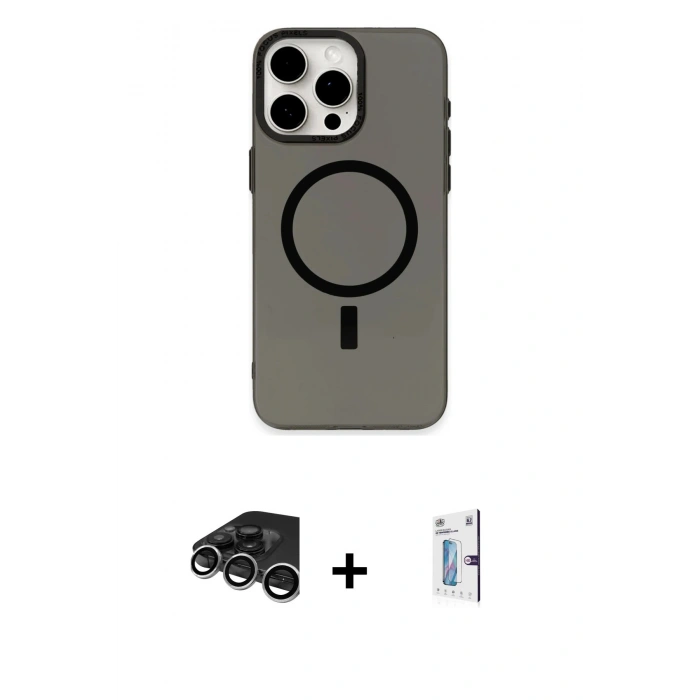 MARSİLYAN™- iPhone 15 Pro Kılıf Eksen Işık Prime - Siyah Bilvis 0.18mm Plus Cam Ekran Koruyucu + Raze Metal Kamera Lens - GS