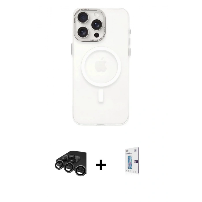 MARSİLYAN™- iPhone 15 Pro Kılıf Eksen Işık Prime - Siyah Bilvis 0.18mm Plus Cam Ekran Koruyucu + Raze Metal Kamera Lens - TMGI