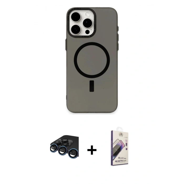 MARSİLYAN™- iPhone 15 Pro Kılıf Eksen Işık Prime - Siyah Bilvis 3D Mat Cam Ekran Koruyucu + Raze Metal Kamera Lens - LT