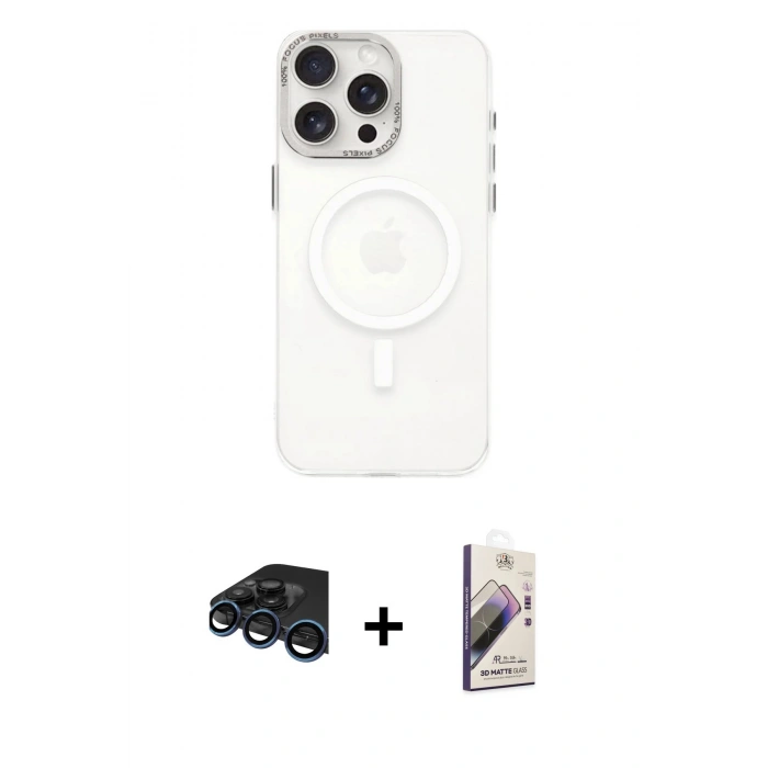 MARSİLYAN™- iPhone 15 Pro Kılıf Eksen Işık Prime - Siyah Bilvis 3D Mat Cam Ekran Koruyucu + Raze Metal Kamera Lens - LT