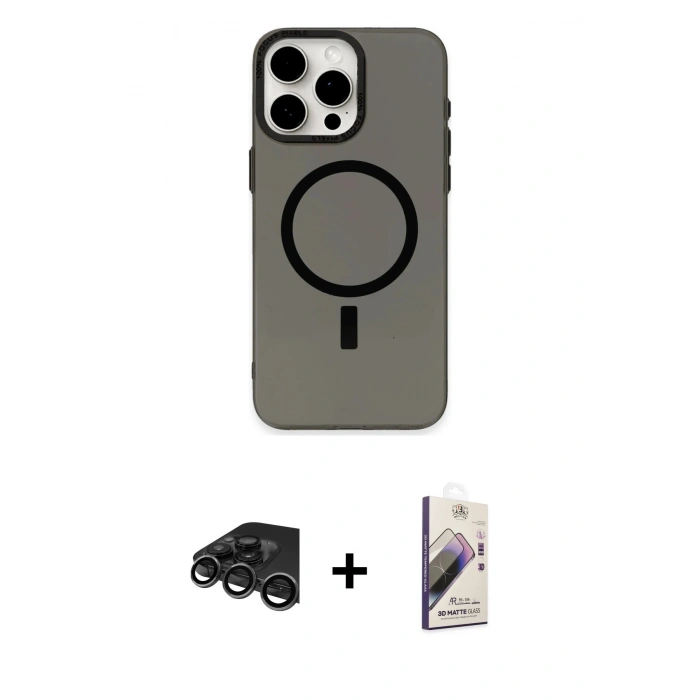 MARSİLYAN™- iPhone 15 Pro Kılıf Eksen Işık Prime - Siyah Bilvis 3D Mat Cam Ekran Koruyucu + Raze Metal Kamera Lens - TMGI