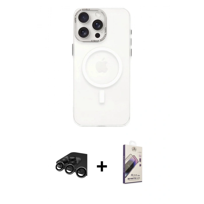 MARSİLYAN™- iPhone 15 Pro Kılıf Eksen Işık Prime - Siyah Bilvis 3D Mat Cam Ekran Koruyucu + Raze Metal Kamera Lens - TMGI