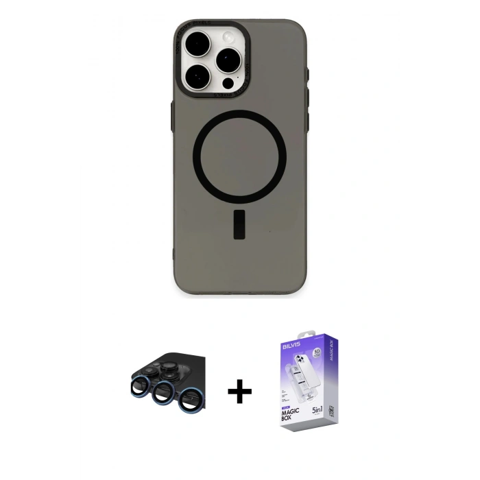MARSİLYAN™- iPhone 15 Pro Kılıf Eksen Işık Prime - Siyah Bilvis 5in1 3D Magic Cam Ekran Koruyucu + Raze Metal Kamera Lens - LT