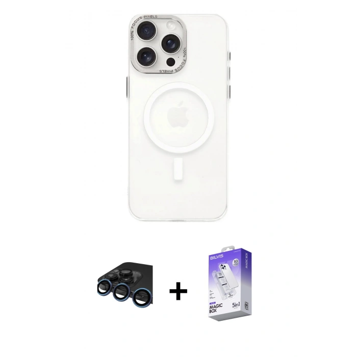 MARSİLYAN™- iPhone 15 Pro Kılıf Eksen Işık Prime - Siyah Bilvis 5in1 3D Magic Cam Ekran Koruyucu + Raze Metal Kamera Lens - LT