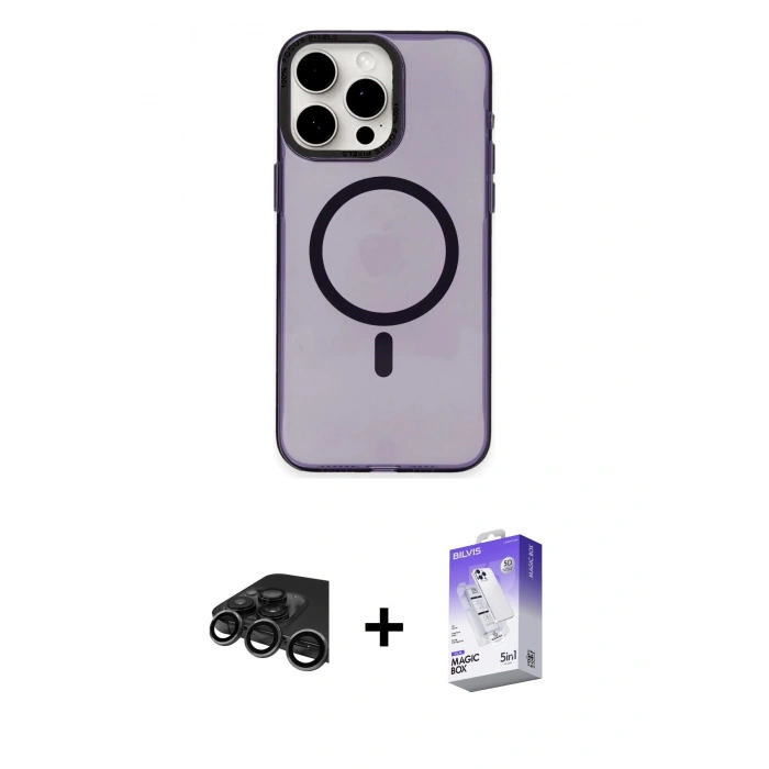 MARSİLYAN™- iPhone 15 Pro Kılıf Eksen Işık Prime - Siyah Bilvis 5in1 3D Magic Cam Ekran Koruyucu + Raze Metal Kamera Lens - TMGI