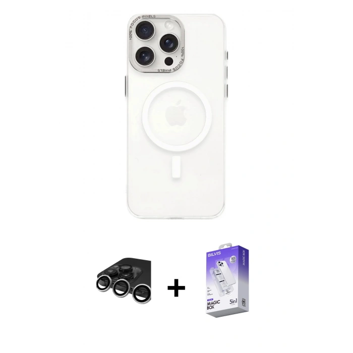MARSİLYAN™- iPhone 15 Pro Kılıf Eksen Işık Prime - Siyah Bilvis 5in1 3D Magic Cam Ekran Koruyucu + Raze Metal Kamera Lens - GS