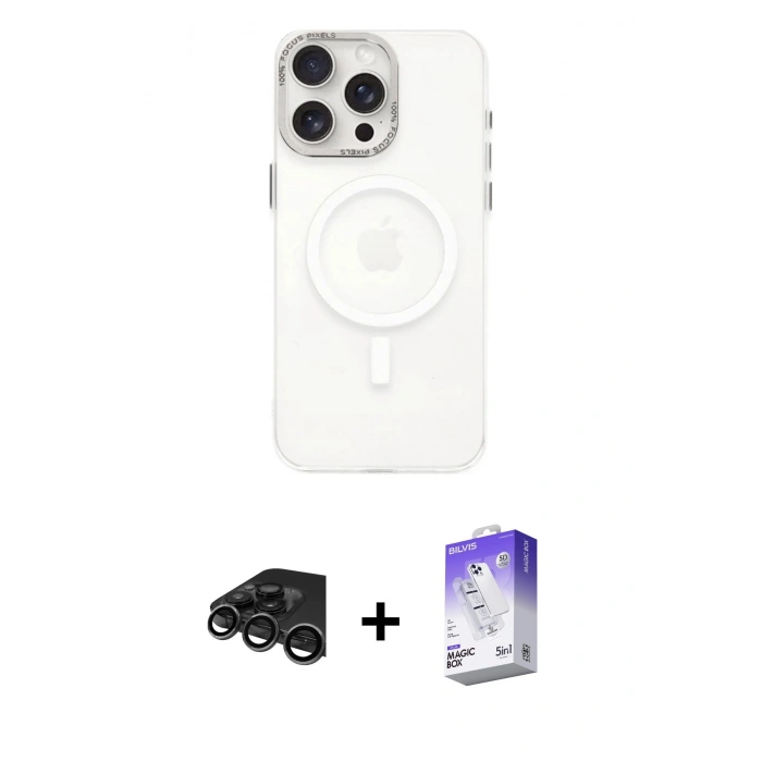 MARSİLYAN™- iPhone 15 Pro Kılıf Eksen Işık Prime - Siyah Bilvis 5in1 3D Magic Cam Ekran Koruyucu + Raze Metal Kamera Lens - TMGI