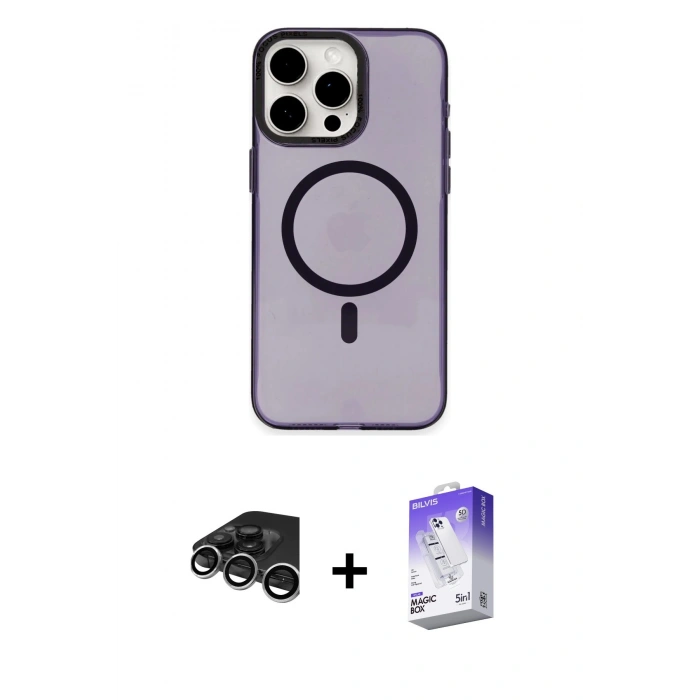 MARSİLYAN™- iPhone 15 Pro Kılıf Eksen Işık Prime - Siyah Bilvis 5in1 3D Magic Cam Ekran Koruyucu + Raze Metal Kamera Lens - GS