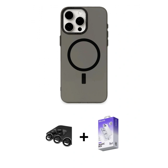 MARSİLYAN™- iPhone 15 Pro Kılıf Eksen Işık Prime - Siyah Bilvis 5in1 3D Magic Cam Ekran Koruyucu + Raze Metal Kamera Lens - TMGI