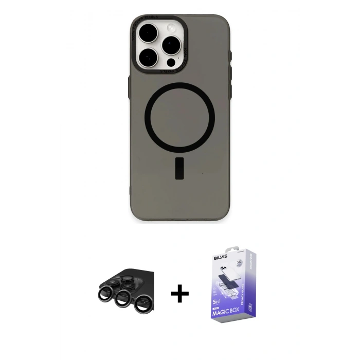 MARSİLYAN™- iPhone 15 Pro Kılıf Eksen Işık Prime - Siyah Bilvis 5in1 5D Magic Hayalet Cam Ekran Koruyucu + Raze Metal Kamera Lens - TMGI