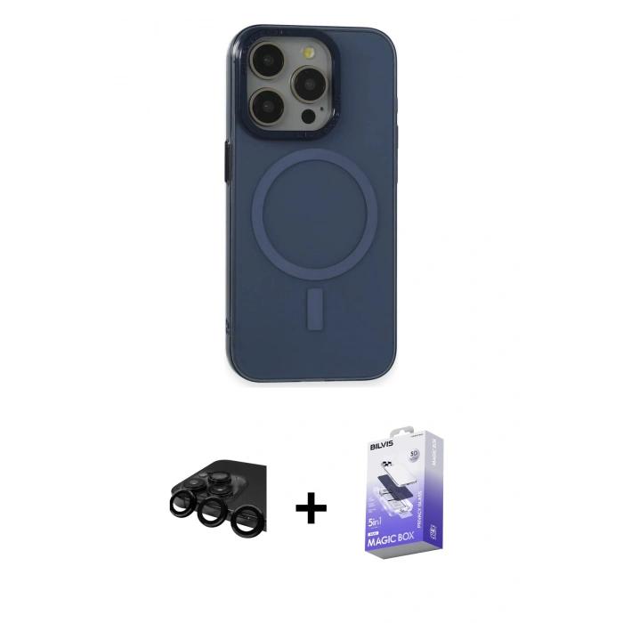 MARSİLYAN™- iPhone 15 Pro Kılıf Eksen Işık Prime - Siyah Bilvis 5in1 5D Magic Hayalet Cam Ekran Koruyucu + Raze Metal Kamera Lens - SH
