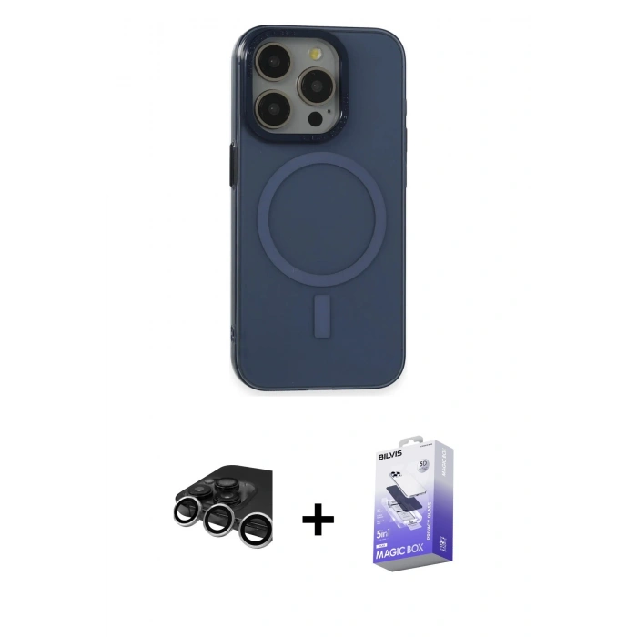 MARSİLYAN™- iPhone 15 Pro Kılıf Eksen Işık Prime - Siyah Bilvis 5in1 5D Magic Hayalet Cam Ekran Koruyucu + Raze Metal Kamera Lens - GS