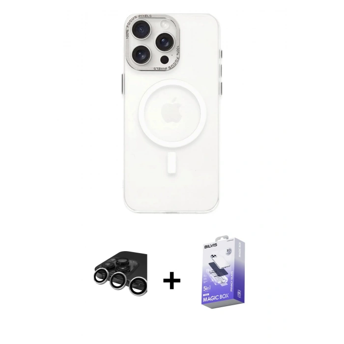 MARSİLYAN™- iPhone 15 Pro Kılıf Eksen Işık Prime - Siyah Bilvis 5in1 5D Magic Hayalet Cam Ekran Koruyucu + Raze Metal Kamera Lens - GS