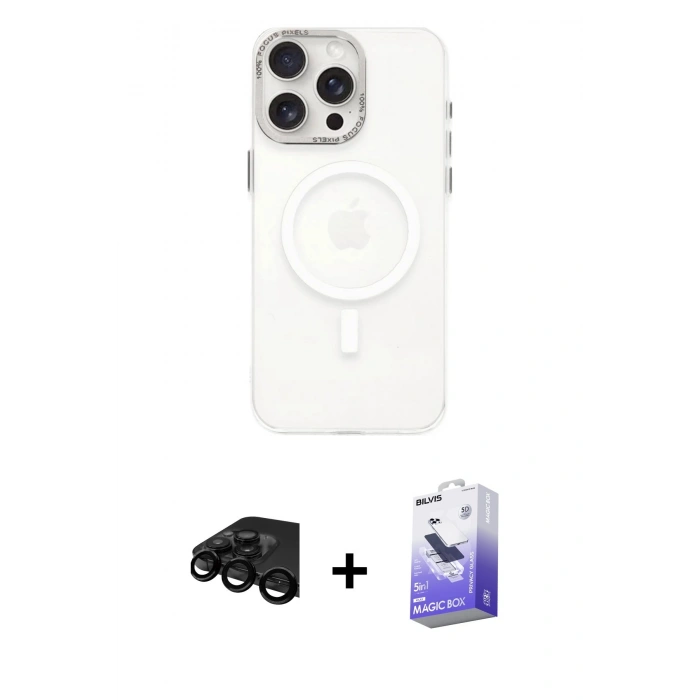 MARSİLYAN™- iPhone 15 Pro Kılıf Eksen Işık Prime - Siyah Bilvis 5in1 5D Magic Hayalet Cam Ekran Koruyucu + Raze Metal Kamera Lens - SH