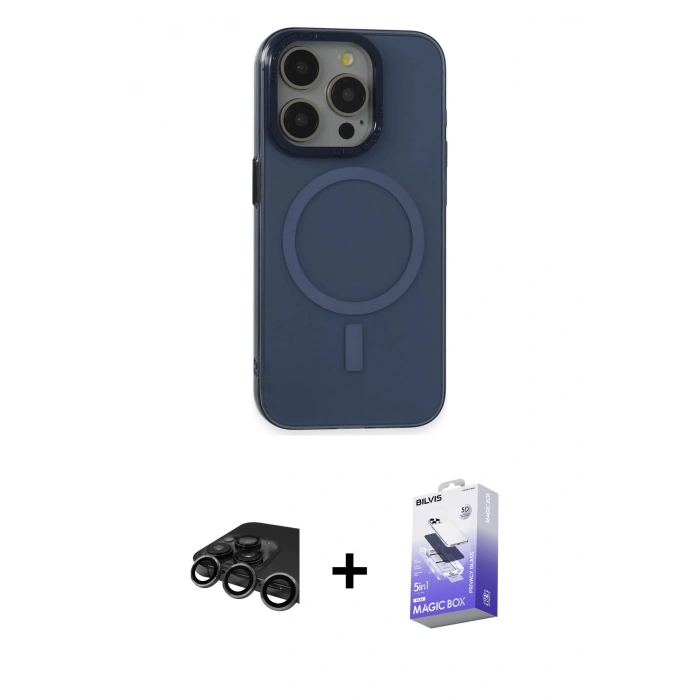 MARSİLYAN™- iPhone 15 Pro Kılıf Eksen Işık Prime - Siyah Bilvis 5in1 5D Magic Hayalet Cam Ekran Koruyucu + Raze Metal Kamera Lens - TMGI