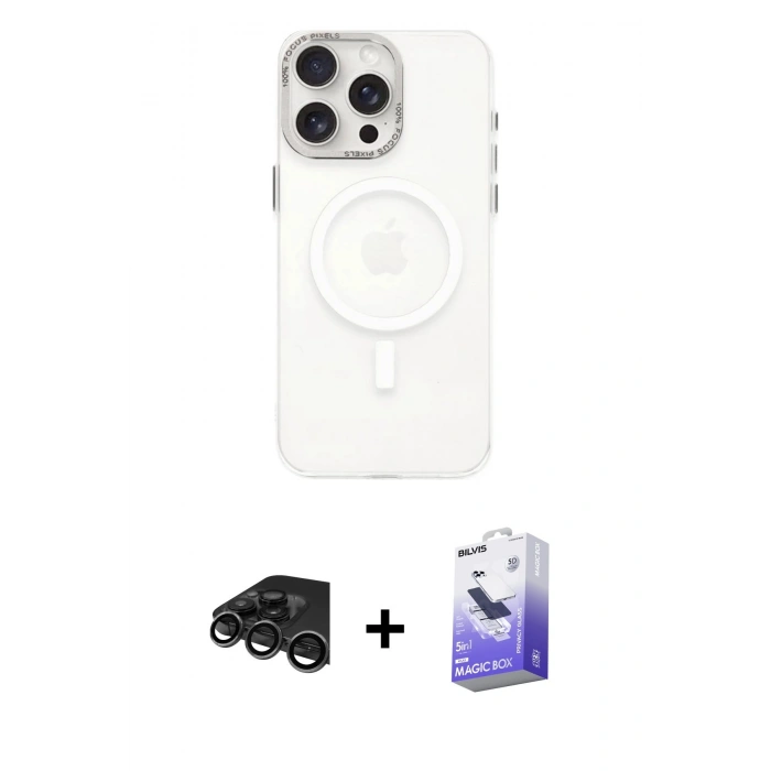 MARSİLYAN™- iPhone 15 Pro Kılıf Eksen Işık Prime - Siyah Bilvis 5in1 5D Magic Hayalet Cam Ekran Koruyucu + Raze Metal Kamera Lens - TMGI