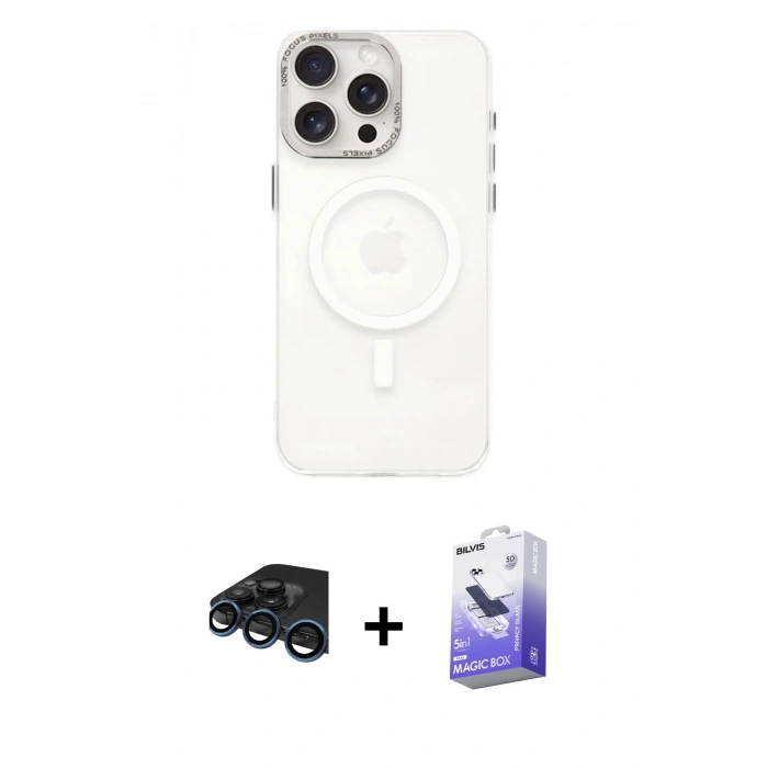 MARSİLYAN™- iPhone 15 Pro Kılıf Eksen Işık Prime - Siyah Bilvis 5in1 5D Magic Hayalet Cam Ekran Koruyucu + Raze Metal Kamera Lens - LT
