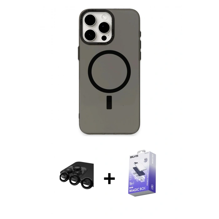 MARSİLYAN™- iPhone 15 Pro Kılıf Eksen Işık Prime - Siyah Bilvis 5in1 5D Magic Hayalet Cam Ekran Koruyucu + Raze Metal Kamera Lens - SH