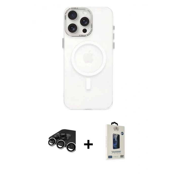 MARSİLYAN™- iPhone 15 Pro Kılıf Eksen Işık Prime - Siyah Bilvis Hayalet Cam Ekran Koruyucu + Raze Metal Kamera Lens - GS