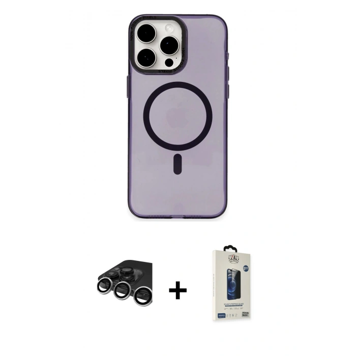 MARSİLYAN™- iPhone 15 Pro Kılıf Eksen Işık Prime - Siyah Bilvis Hayalet Cam Ekran Koruyucu + Raze Metal Kamera Lens - GS