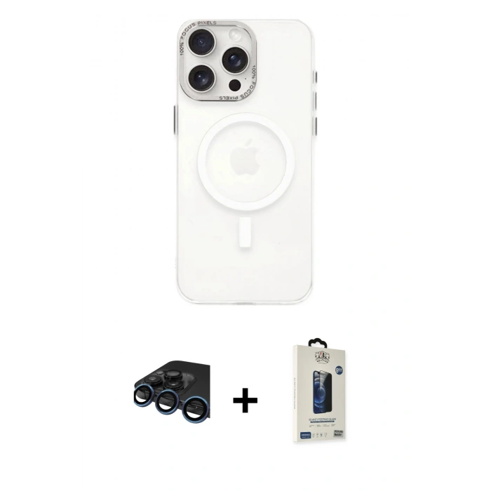 MARSİLYAN™- iPhone 15 Pro Kılıf Eksen Işık Prime - Siyah Bilvis Hayalet Cam Ekran Koruyucu + Raze Metal Kamera Lens - LT
