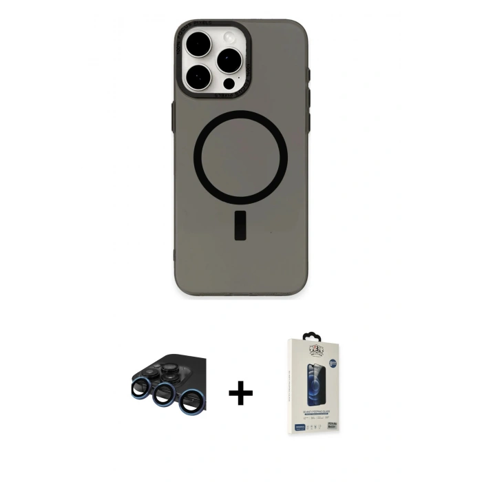 MARSİLYAN™- iPhone 15 Pro Kılıf Eksen Işık Prime - Siyah Bilvis Hayalet Cam Ekran Koruyucu + Raze Metal Kamera Lens - LT