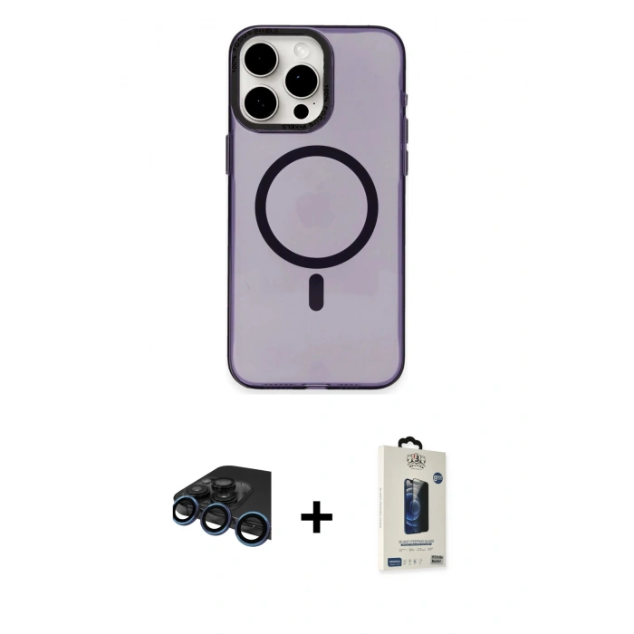 MARSİLYAN™- iPhone 15 Pro Kılıf Eksen Işık Prime - Siyah Bilvis Hayalet Cam Ekran Koruyucu + Raze Metal Kamera Lens - LT