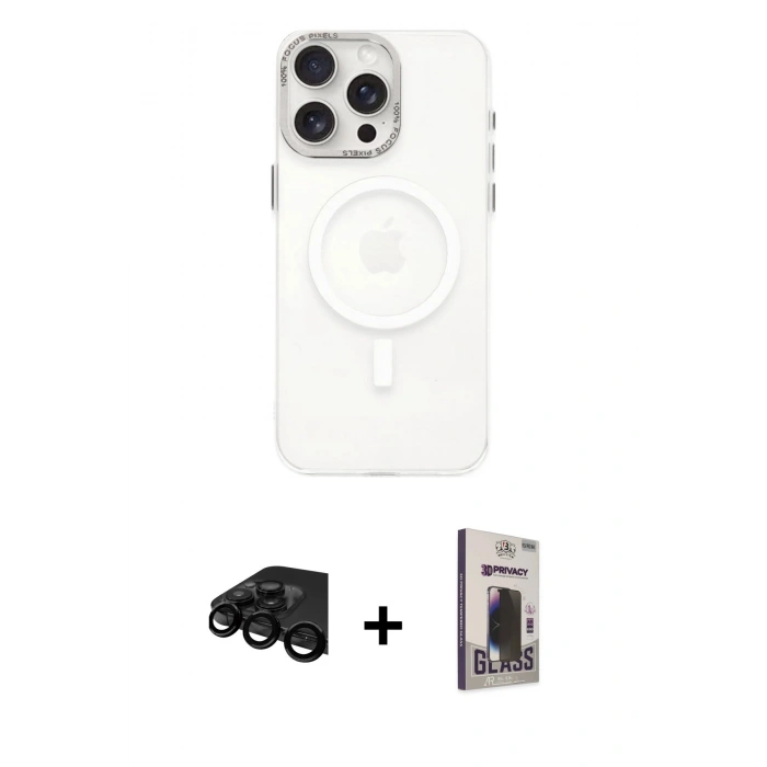 MARSİLYAN™- iPhone 15 Pro Kılıf Eksen Işık Prime - Siyah Bilvis Hayalet Cam Ekran Koruyucu + Raze Metal Kamera Lens - SH