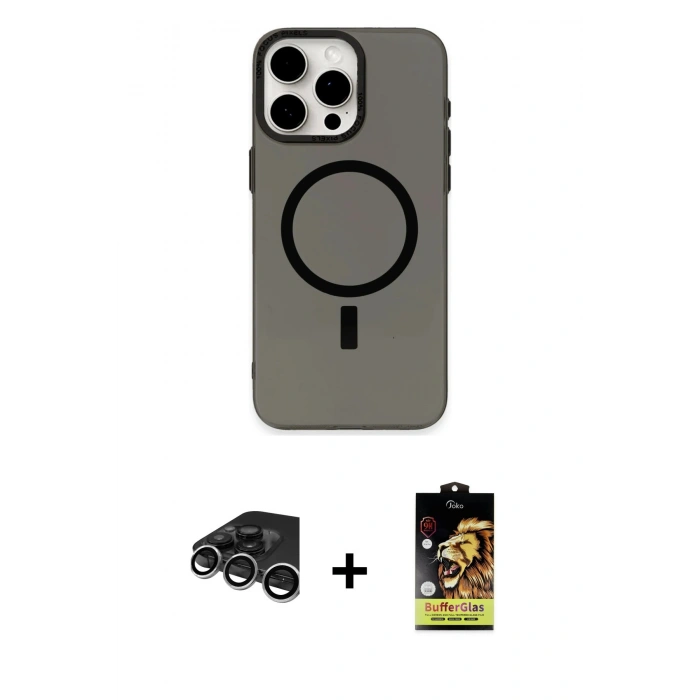 MARSİLYAN™- iPhone 15 Pro Kılıf Eksen Işık Prime - Siyah Buffer Cam Ekran Koruyucu + Gümüş Raze Metal Kamera Lens
