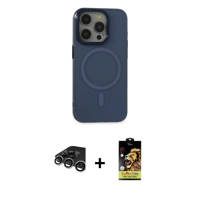 MARSİLYAN™- iPhone 15 Pro Kılıf Eksen Işık Prime - Siyah Buffer Cam Ekran Koruyucu + Gümüş Raze Metal Kamera Lens