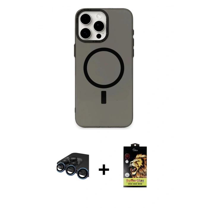 MARSİLYAN™- iPhone 15 Pro Kılıf Eksen Işık Prime - Siyah Buffer Cam Ekran Koruyucu + Raze Metal Kamera Lens - LT