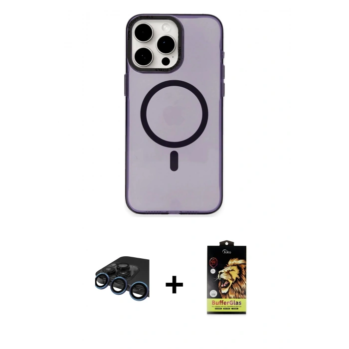 MARSİLYAN™- iPhone 15 Pro Kılıf Eksen Işık Prime - Siyah Buffer Cam Ekran Koruyucu + Raze Metal Kamera Lens - LT