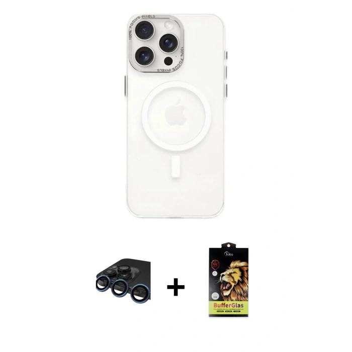 MARSİLYAN™- iPhone 15 Pro Kılıf Eksen Işık Prime - Siyah Buffer Cam Ekran Koruyucu + Raze Metal Kamera Lens - LT